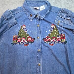 Bobbie Brooks Christmas Denim Shirt Women 18W/20W Blue Embroidered Teddy Bear